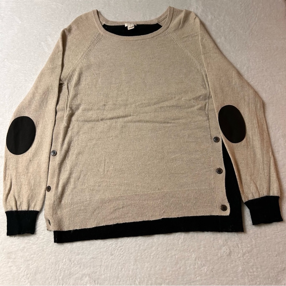 J. Crew Women's Sweater Size Medium Beige Elbow Patches Long Sleeve Wool Blend